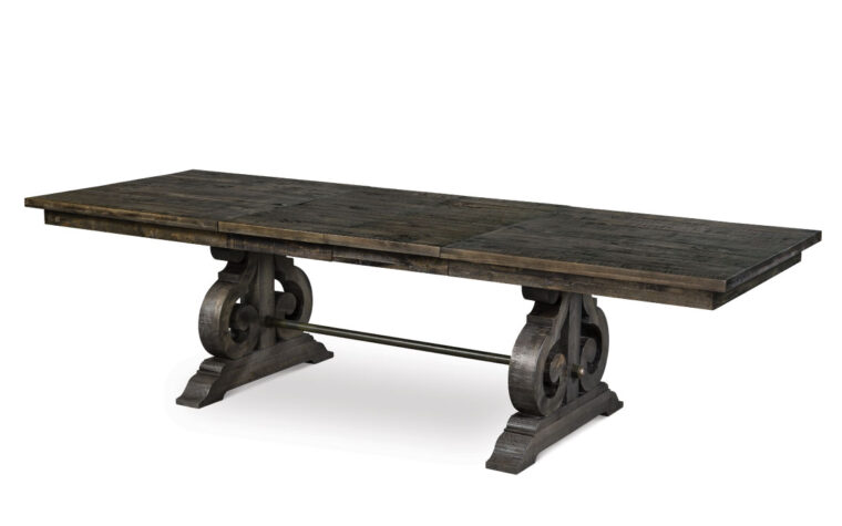 bellamy rectanglar dining table is extendable and features a beautiful charcoal rustic finish and rustic detailing on the legs