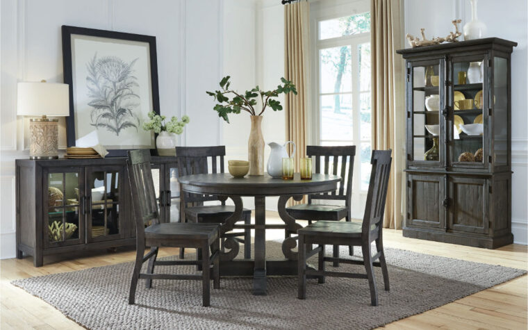 rustic bellamy dining set featuring table, chairs, buffet, and china cabinet