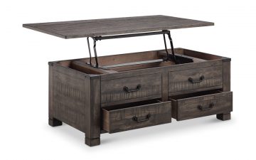 beautiful rustic weathered charcoal lift top coffee table with the top open and features extra drawers in the bottom for storage
