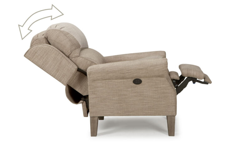 The joanna power recliner shown in a light greige fabric with riverloom wood finish but is completely customizable to your taste