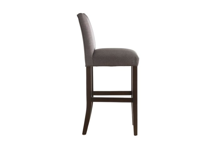 Side shot of the traditional bar stool in espresso legs and metallic fabric