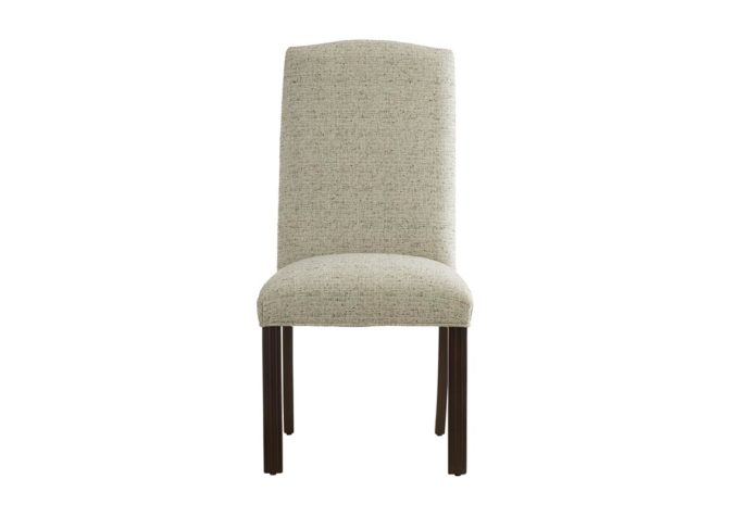 11232 side chair is simplistic shown in a neutral fabric with espresso fluted legs