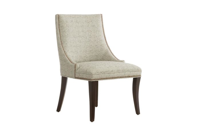 11260 side chair is in white fabric with espresso wood finish and is customizable