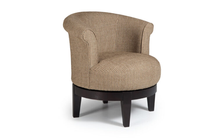 attica swivel chair is a transitional twist to a traditional chair with an espresso base and brown fabric