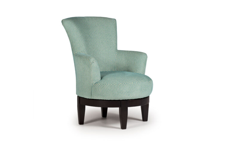 justine swivel chair is a pretty contemporary swivel chair in a blue fabric and espresso wood finish