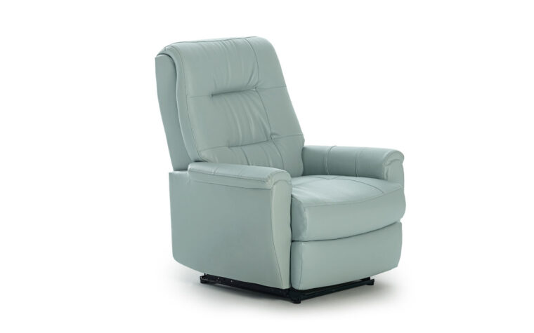 Felicia Power Recliner is a contemporary power recliner in a blue leather finish and has modern line tufting