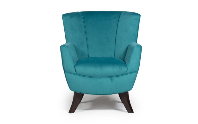 A gorgeous bethany accent chair chair that comes in different wood finishes and a choice of 700 cover options featuring a blue fabric