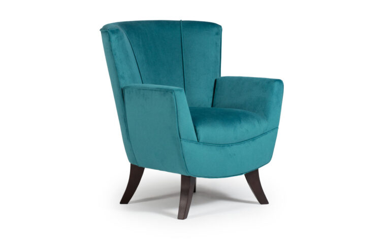 A gorgeous bethany accent chair chair that comes in different wood finishes and a choice of 700 cover options featuring a blue fabric
