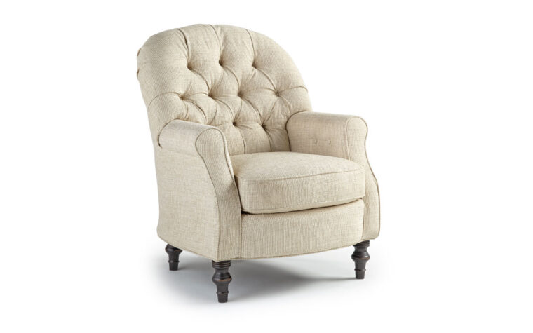 truscott club chair in a neutral fabric with traditional button tufting on the back and rolled arms creates an elegant club chair