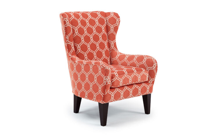 lorette wing chair is a transitional wing chair with rounded arms and back showcasing a grey patterned fabric and riverloom wood finish on the legs
