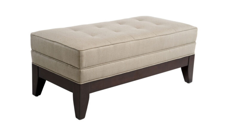 side angle of classic 13510 bench with neutral fabric and espresso wood finish and tufting
