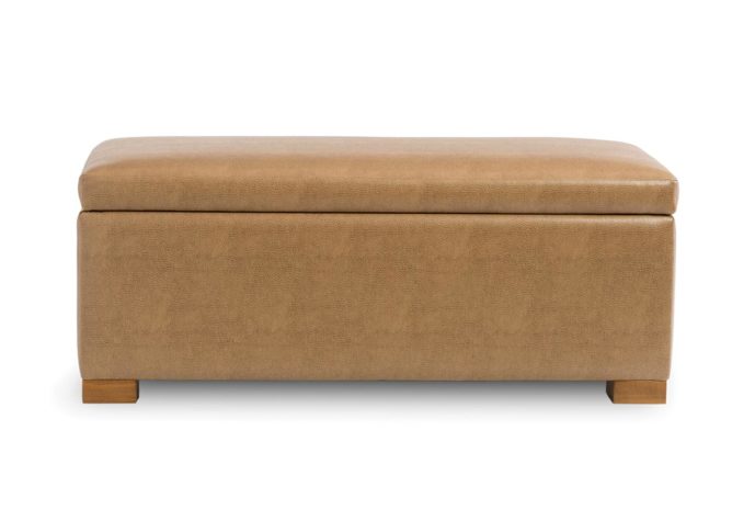 Side angle of Naples storage bench in brown leather and natural wood finish
