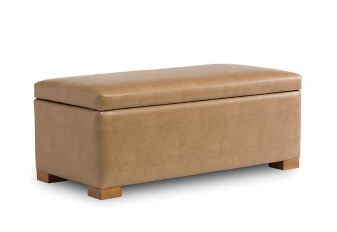 Angled shot of Naples storage bench in brown leather and natural wood finish