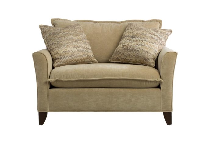Genevieve chair and a half in tan suede fabric and espresso wood finish
