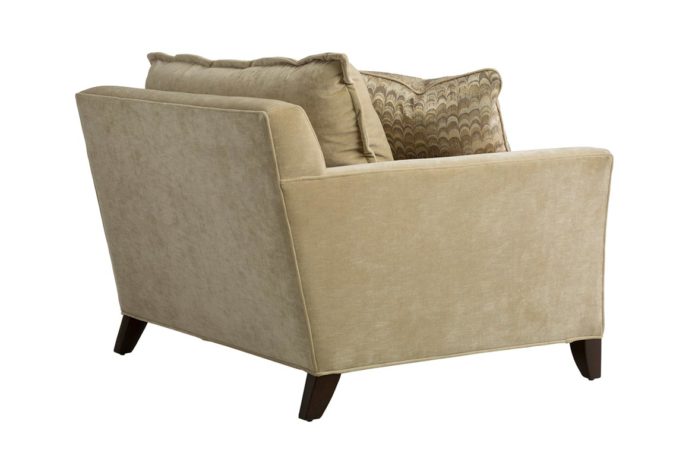 Back shot of the Genevieve chair and a half in tan suede fabric and espresso wood finish