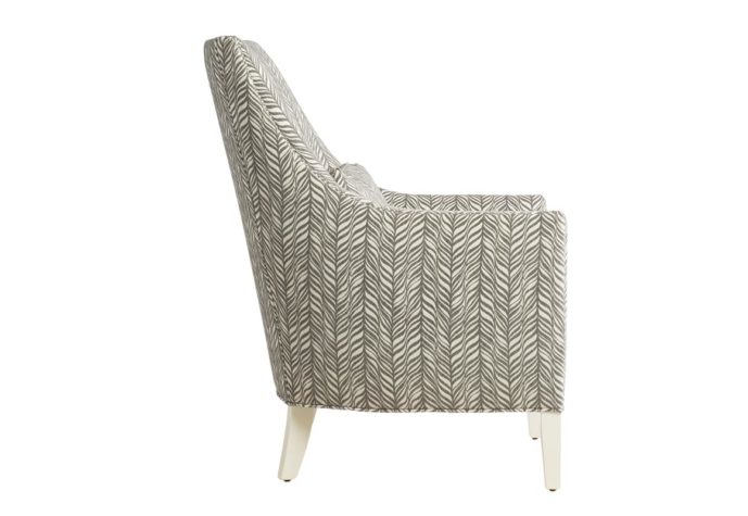 side view of 11879 traditional chair in grey fabric with white painted wood legs and nailhead trims