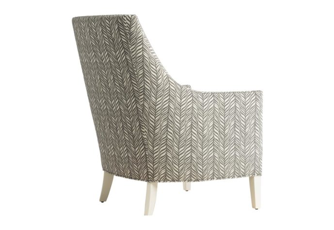 back view of 11879 traditional chair in grey fabric with white painted wood legs and nailhead trims