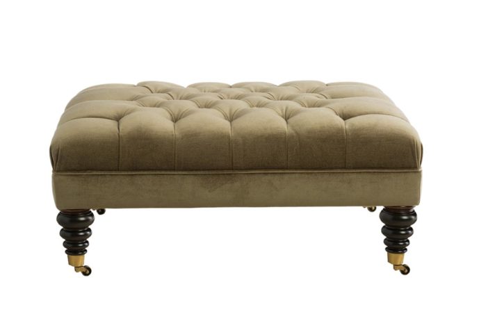 tufted custom Birmingham ottoman with espresso wood legs and green tufted top