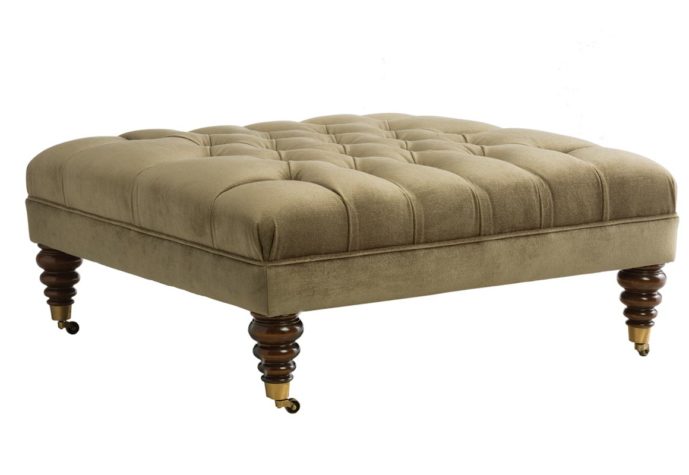 tufted custom Birmingham ottoman with espresso wood legs and green tufted top