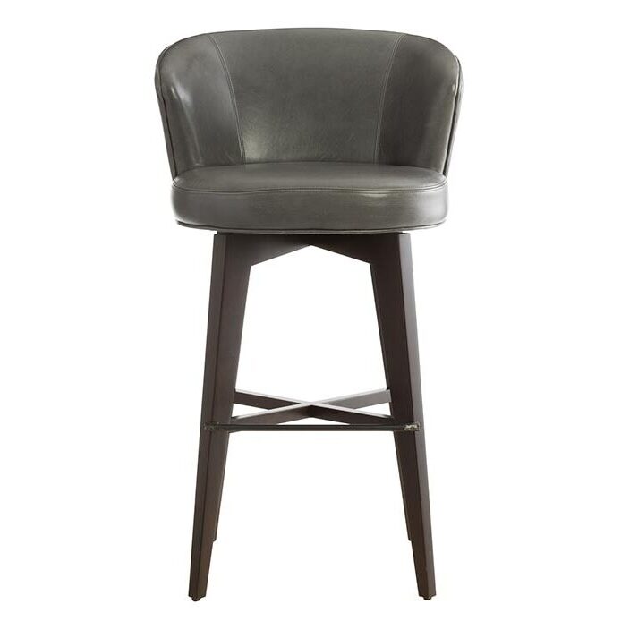 swivel grey leather bar stool with back and espresso wooden legs
