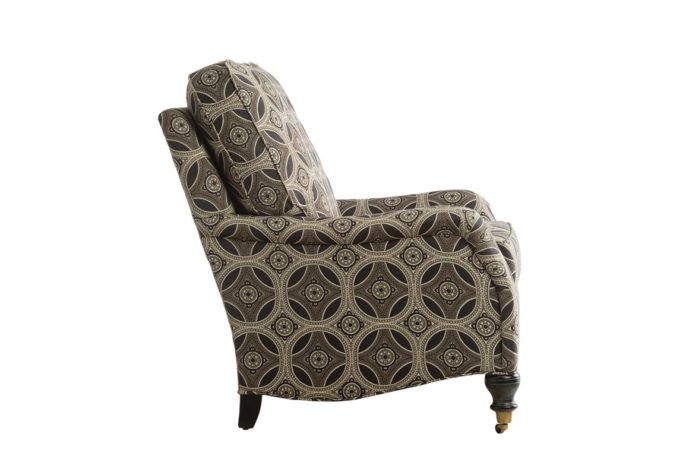 side view of 11616 chair is a traditional chair with wheels shown in a brown fabric with espresso wood finish