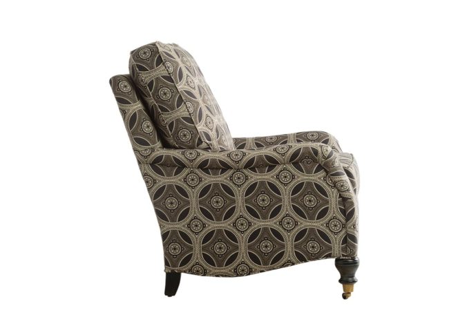 Side shot of the Rafferty lounge chair is a traditional chair with wheels shown in a brown fabric with espresso wood finish