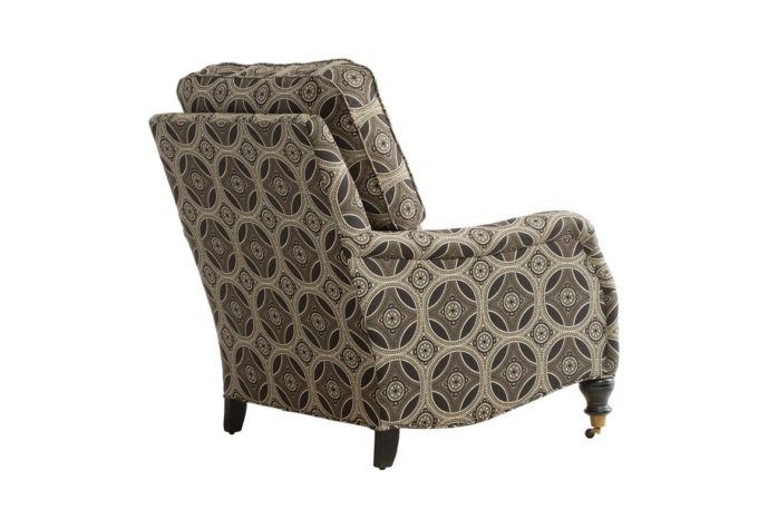 Back view of the Rafferty lounge chair is a traditional chair with wheels shown in a brown fabric with espresso wood finish