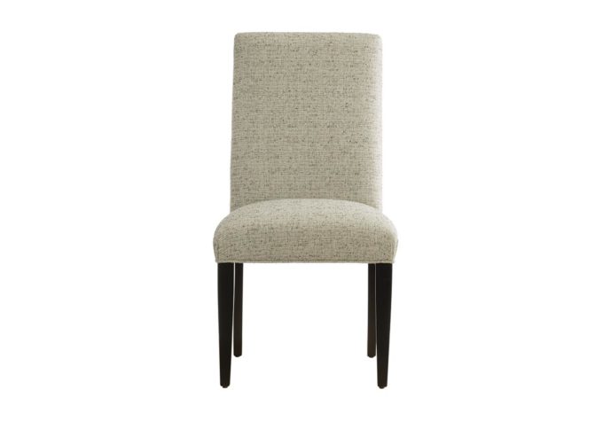 Front view of the Dawson side chair, a transitional dining chair in white fabric with espresso wood finish