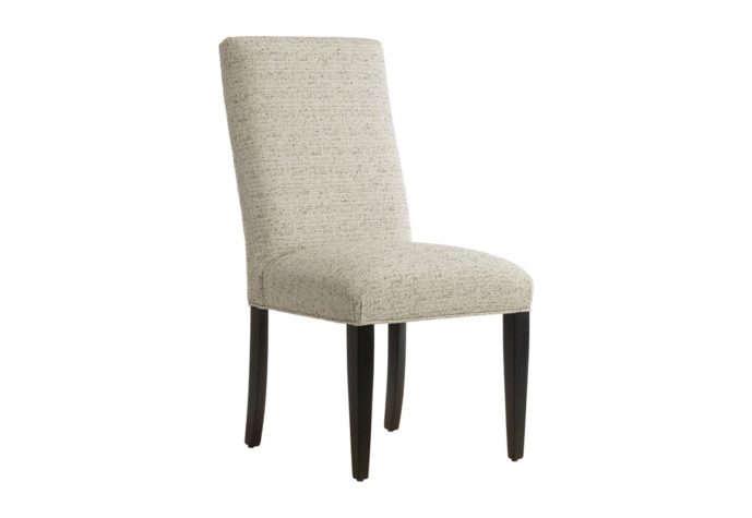 Angled side view of the Dawson side chair, a transitional dining chair in white fabric with espresso wood finish