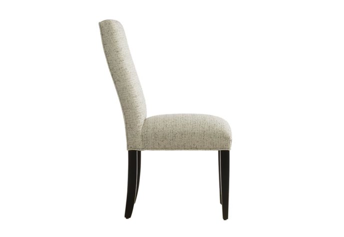 Side view of the Dawson side chair, a transitional dining chair in white fabric with espresso wood finish