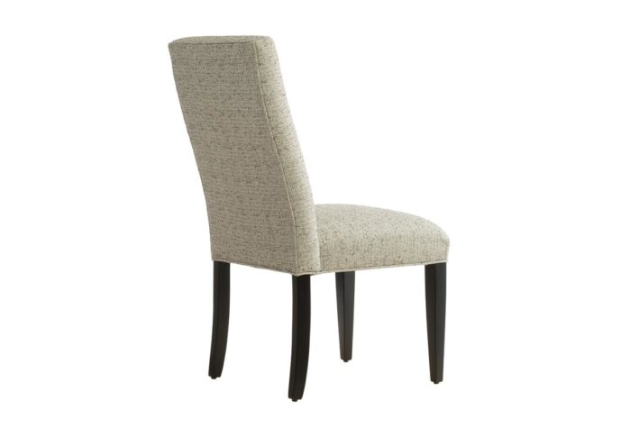 Back view of the Dawson side chair, a transitional dining chair in white fabric with espresso wood finish