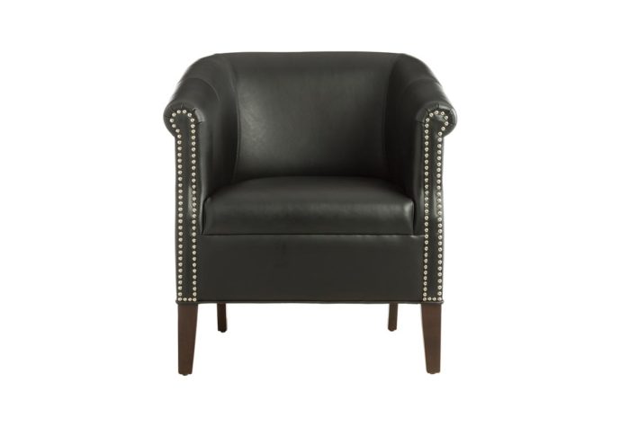 Bernard lounge chair from Vogel by Chervin in black leather with nail head trim and espresso wood finish legs