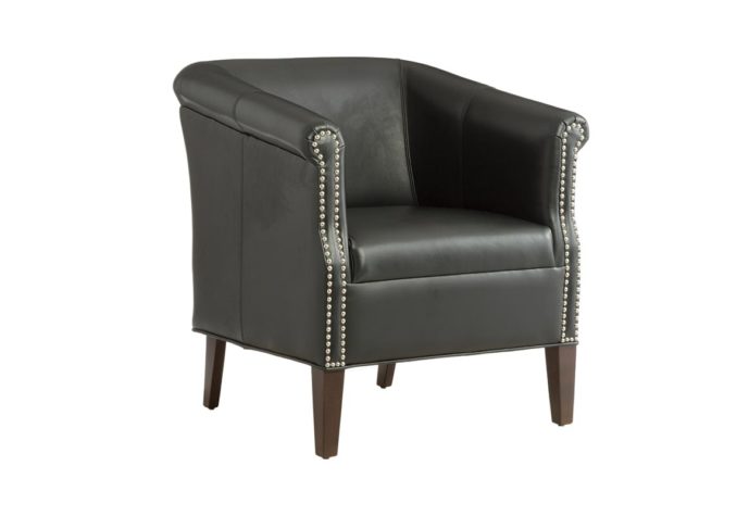 Front angled shot of the Bernard lounge chair from Vogel by Chervin in black leather with nail head trim and espresso wood finish legs