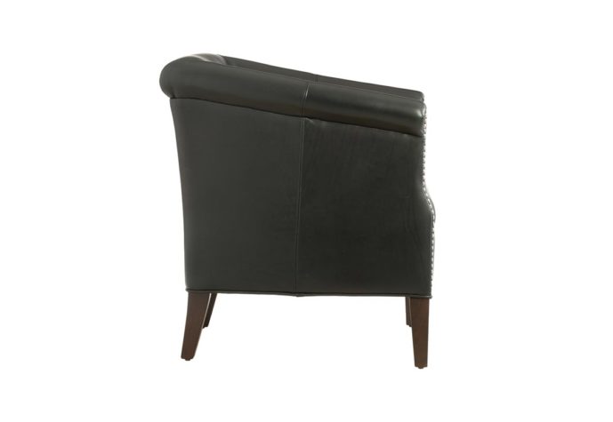 Side shot of the Bernard lounge chair from Vogel by Chervin in black leather with nail head trim and espresso wood finish legs