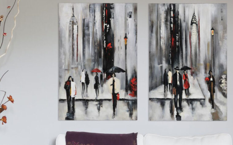 room setting of bustling city i and bustling city ii features black and white painting with red highlights