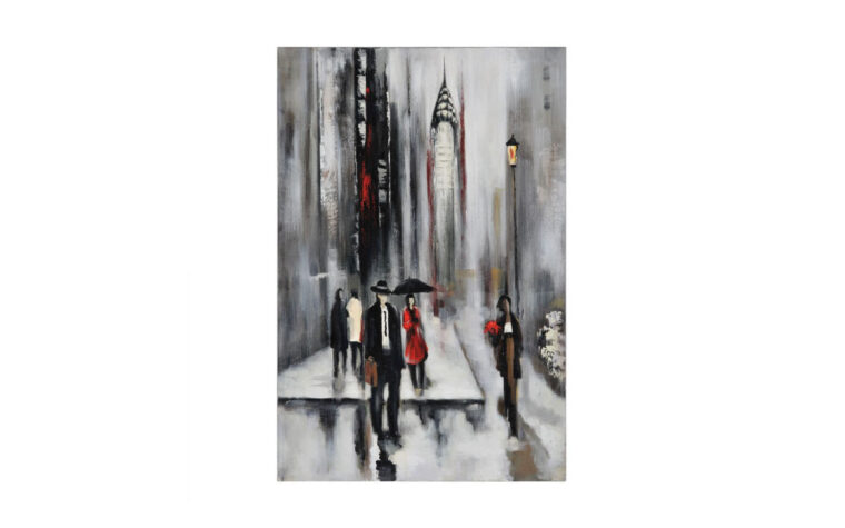 bustling city ii features black and white painting of city with red highlights