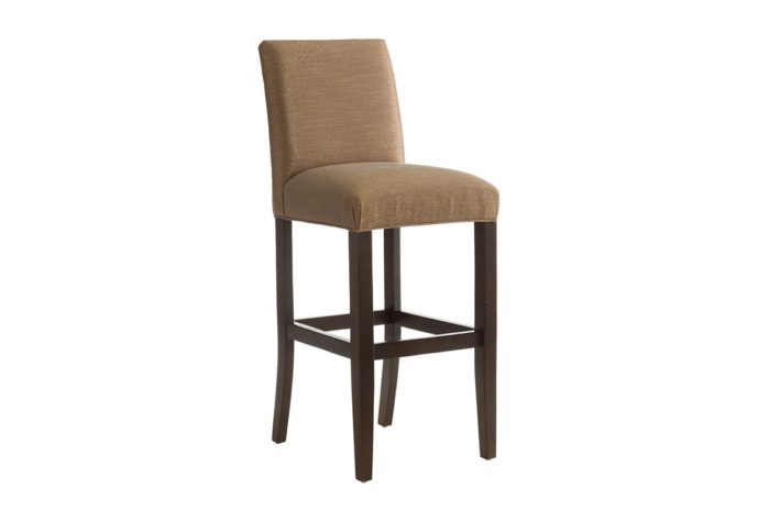 front angle of 10105 bar stool from vogel in espresso wood finish and brown fabric