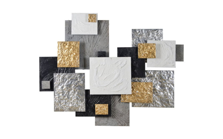 warberry is transitional in styling and is made of silver, gold, black, and grey square panels.