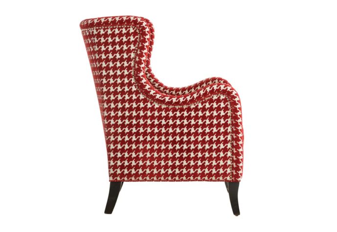 side view of transitional 11790 wing chair shown in a red checked fabric with espresso wood finish