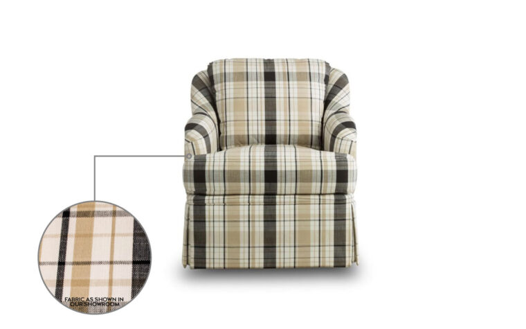 Front shot of the traditional Cassidy swivel chair in a plaid fabric with a skirt with zoomed in call out on fabric