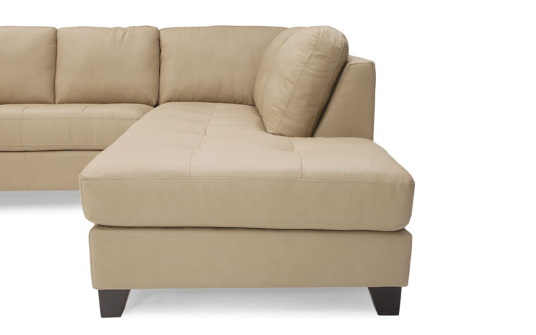 detailed shot of canadian made jura sectional chaise with tufting in leather
