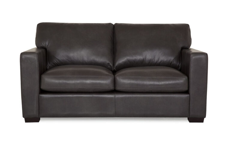 contemporary black leather loveseat with espresso wood finish