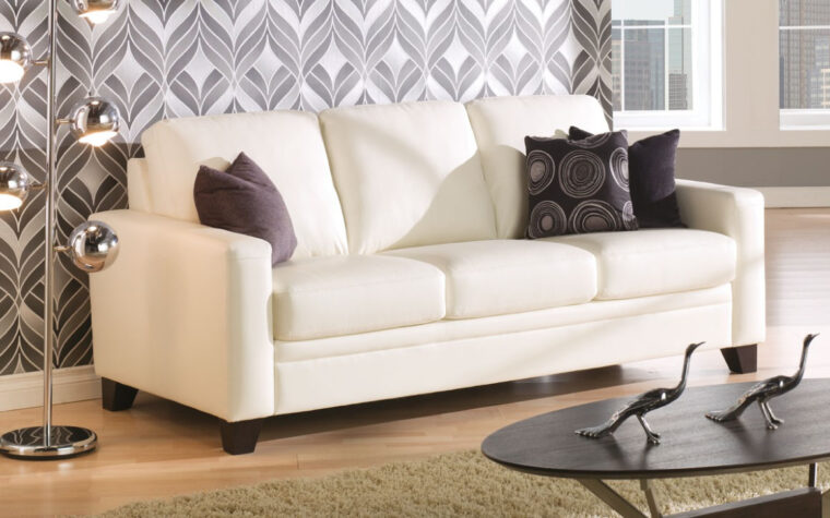 traditional living room featuring the creighton sofa in a white leather