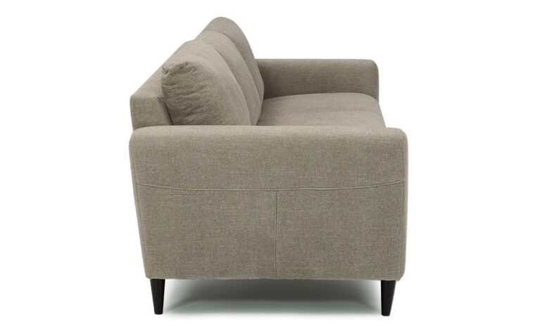 side view of atticus sofa is a mid-century odern sofa with wooden legs and grey fabric