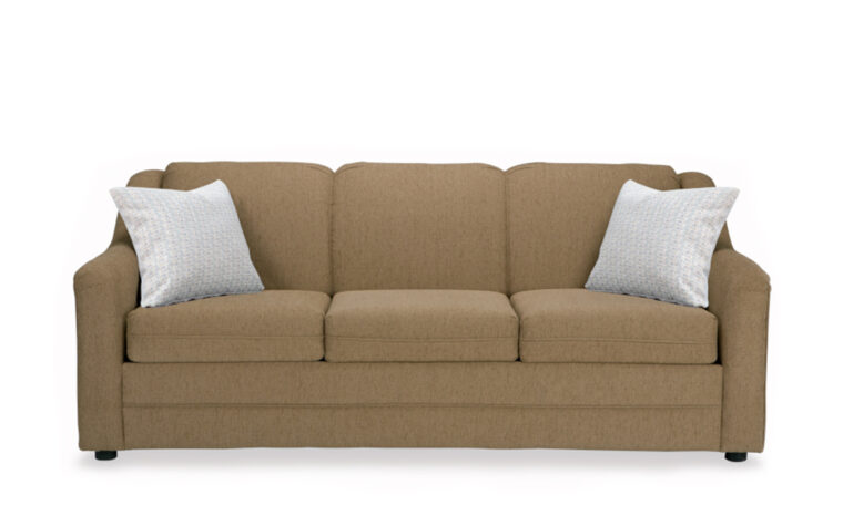 Queen size Raven loveseat hide-a-bed in brown fabric with two throw pillows