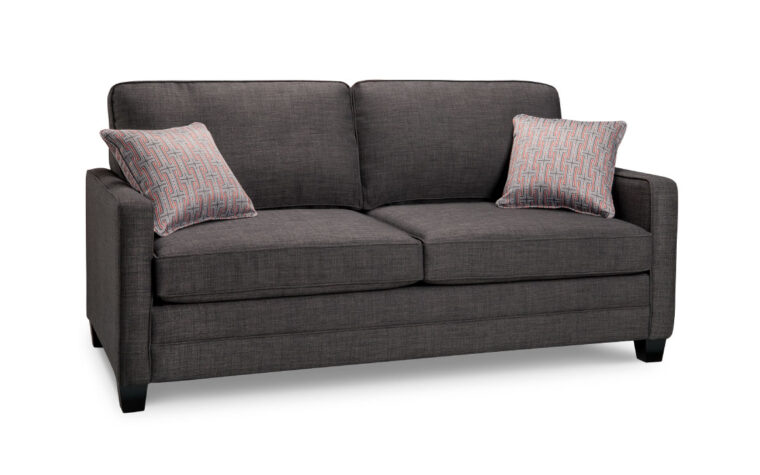 kelsey condo sofa is a transitional condo sofa made for small space and shown in charcoal fabric