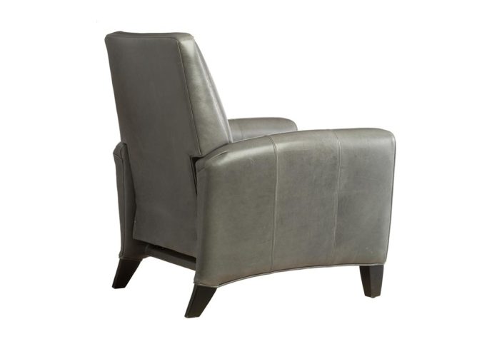 rear view of charcoal leather recliner with metal nailhead trims