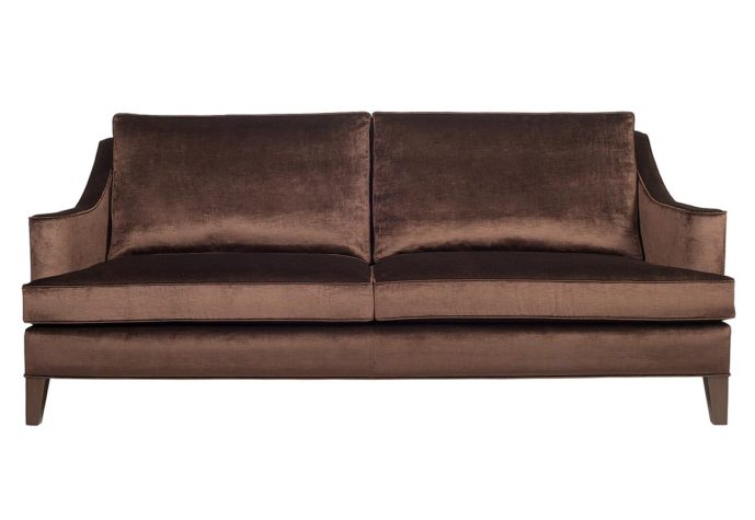 Transitional Cleopatra sofa shown in brown velvet fabric with espresso wood finish legs