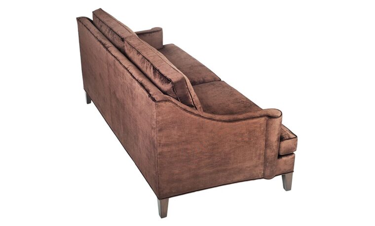 back view of traditional 14105 sofa shown in brown velvet fabric with espresso wood finish