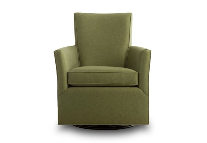 Front shot of the Cassandra swivel glider from Vogel by Chervin in an olive green upholstery